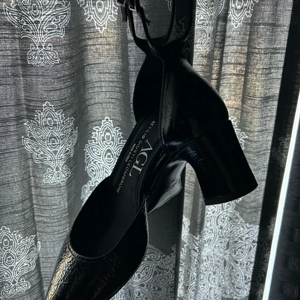 AGL Patent Black Ankle Strap Heels
